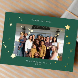 Carte De Vœux En Aluminium Gold Stars Green Emerald Photo Joyeux Noël