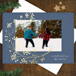 Carte De Vœux En Aluminium Gold Winter Natural Bleu Joyeux Noël Photo<br><div class="desc">Gold Winter Natural Blue Joyeux Noël Photo Foil Carte de vacances *foin réel</div>