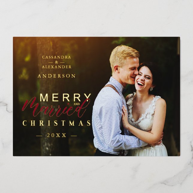 Carte De Vœux En Aluminium Golden Married & Merry Newlyweds Photo Christmas (Recto)