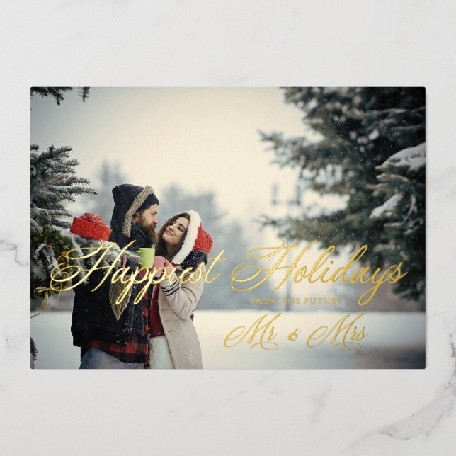 Carte De Vœux En Aluminium Golden Modern Mr & Mrs Happiest Holidays Christmas (Recto)