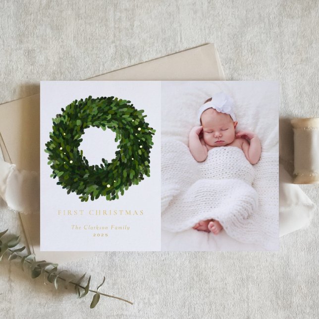 Carte De Vœux En Aluminium Gouache Boxwood Wreath First Baby Christmas Photo (Créateur téléchargé)