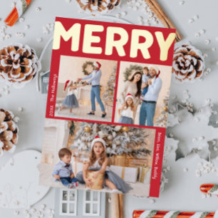 Carte De Vœux En Aluminium Gras Moderne Rouge Vertical Trois Photo Joyeux Or