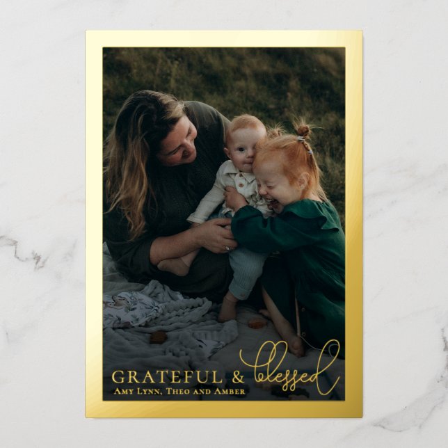 Carte De Vœux En Aluminium Grateful & Blessed Family Photo Collage Gold (Recto)