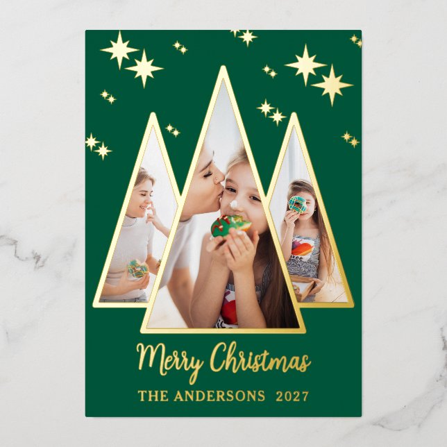 Carte De Vœux En Aluminium Green Christmas Tree Bold Gold Holiday Photo Card (Recto)