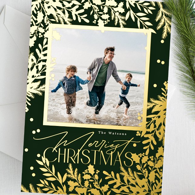 Carte De Vœux En Aluminium Green Classic Botanical Christmas One Photo (Créateur téléchargé)
