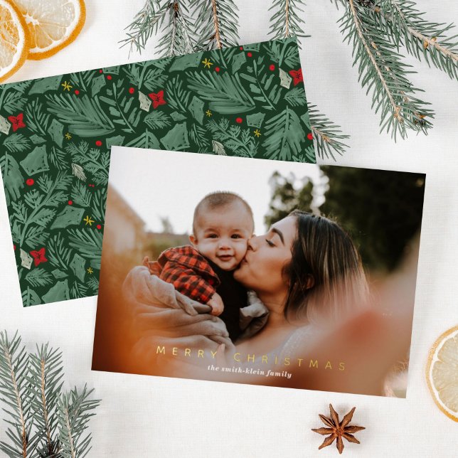 Carte De Vœux En Aluminium Green Festive Botanique Photo Gold (Gold foil Merry Christmas photo holiday card with festive botanical pattern on back.)