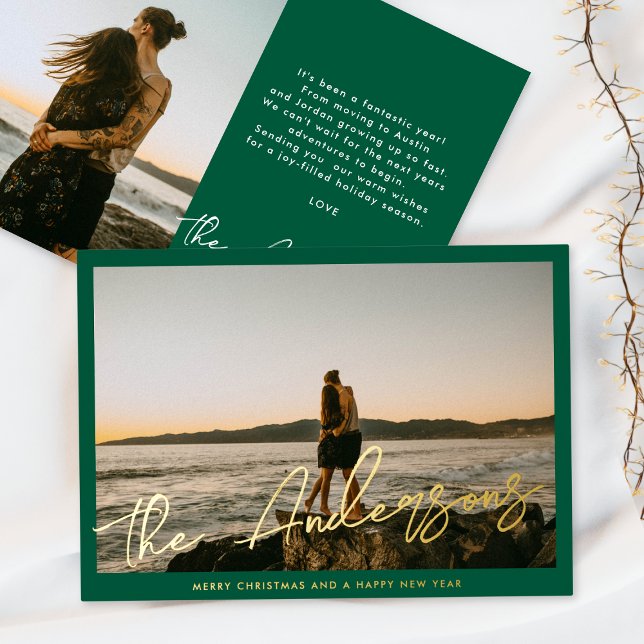 Carte De Vœux En Aluminium Green Frame Gold Brush Script Photo Christmas (Créateur téléchargé)