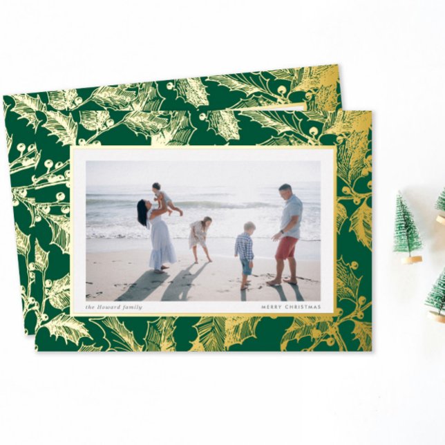 Carte De Vœux En Aluminium Green Gilded Holly Frame Traditional Christmas (holiday photo card traditional holly branch etching border in gold foil on classic Christmas green)