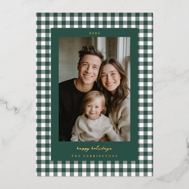 Carte De Vœux En Aluminium Green Gingham Holiday Photo Card (Recto)
