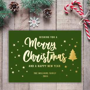Carte De Vœux En Aluminium Green Gold Non Photo Nom de famille Joyeux Noël