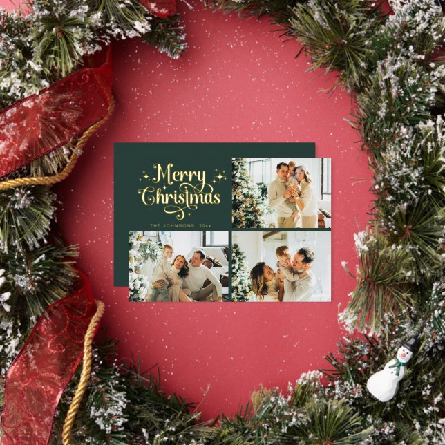 Carte De Vœux En Aluminium Green & Gold Retro Christmas Family Photo Collage (Insitu)