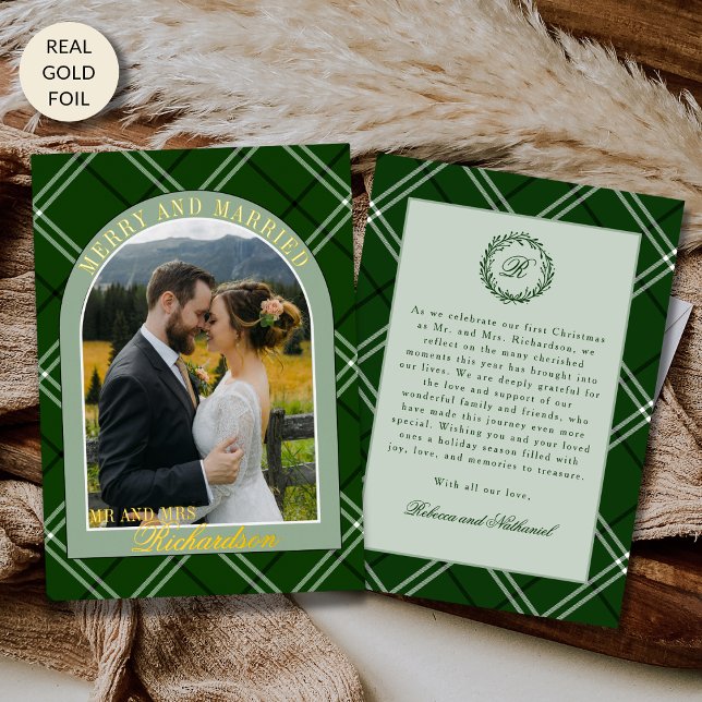 Carte De Vœux En Aluminium Green Tartan Plaid First Christmas Married Photo (Créateur téléchargé)