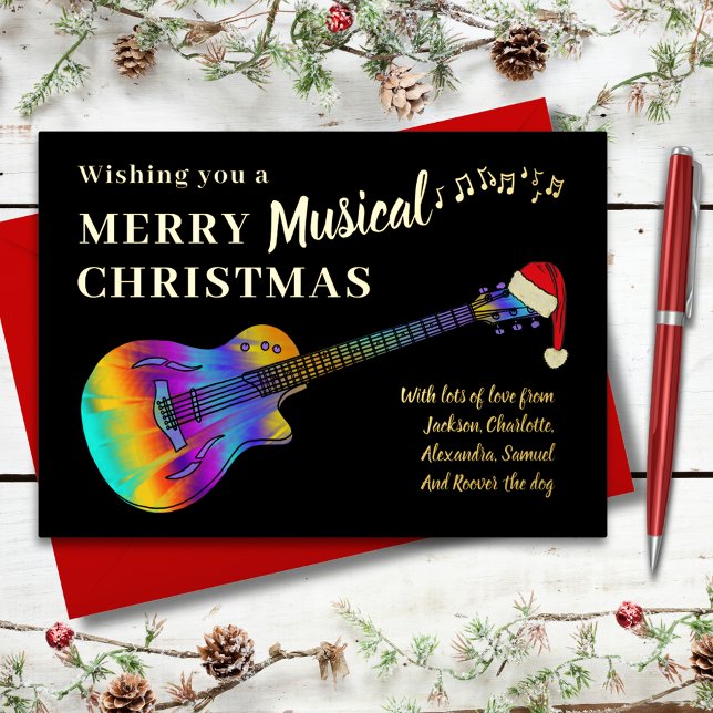 Carte De Vœux En Aluminium Guitare Noël Or personnalisé (Guitar merry musical Christmas black and gold foil custom holiday card)