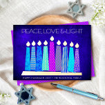 Carte De Vœux En Aluminium Hanoukka bougies Paix Amour Bleu clair Véritable O<br><div class="desc">"Paix, amour et lumière." Une illustration ludique, moderne et artistique de bougies motifs de saumons dans une menorah vous aide à inaugurer les vacances de Hanoukka. Des bougies bleues assorties de véritables motifs de feuille d'or colorés, de véritables flammes de feuille d'or et de menorah, recouvrent un arrière - plan...</div>