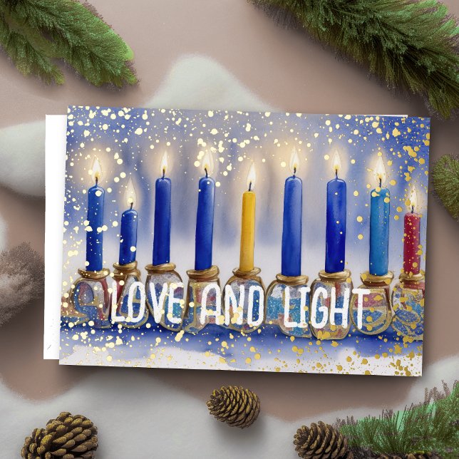 Carte De Vœux En Aluminium Hanoukka Menorah Aquarelle Amour et Lumière (Créateur téléchargé)