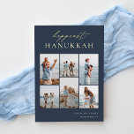 Carte De Vœux En Aluminium Happiest Hanoukka Elegant 6 Photo Collage<br><div class="desc">Partagez de la joie avec ces cartes de fin de année Hanoukka modernes avec 6 de vos photos préférées dans une grille de montage. "Happiest Hanoukka" apparaît en haut dans la feuille d'or en calligraphie à la main et en lettrage serif classique sur un arrière - plan bleu marine. Personnalisez...</div>