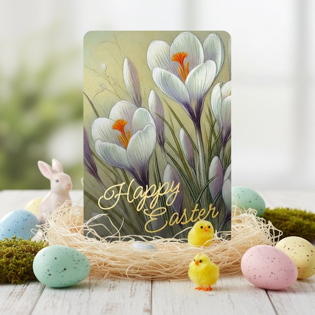 Carte De Vœux En Aluminium Happy Easter Crocus Floral Gold Foil Card (Créateur téléchargé)