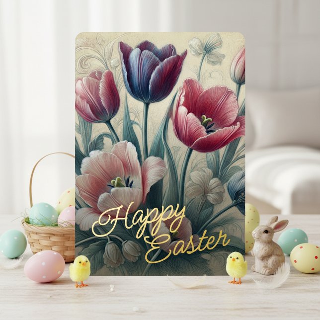 Carte De Vœux En Aluminium Happy Easter Tulip Floral Gold Foil Card (Créateur téléchargé)