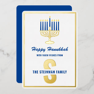 Carte De Vœux En Aluminium Happy Hanoukka Menorah Candle Nom de famille Monog