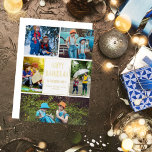 Carte De Vœux En Aluminium Happy Hanoukka Modern Photo Collage Elegant Gold<br><div class="desc">Cette jolie carte en feuille d'or Happy Hanoukka à la mode présente une mise en page moderne de 5 photos de famille sur un arrière - plan blanc avec une typographie élégante. Cette belle carte de vacances juive présente votre propre collage photographique entourant votre message et votre nom de famille....</div>