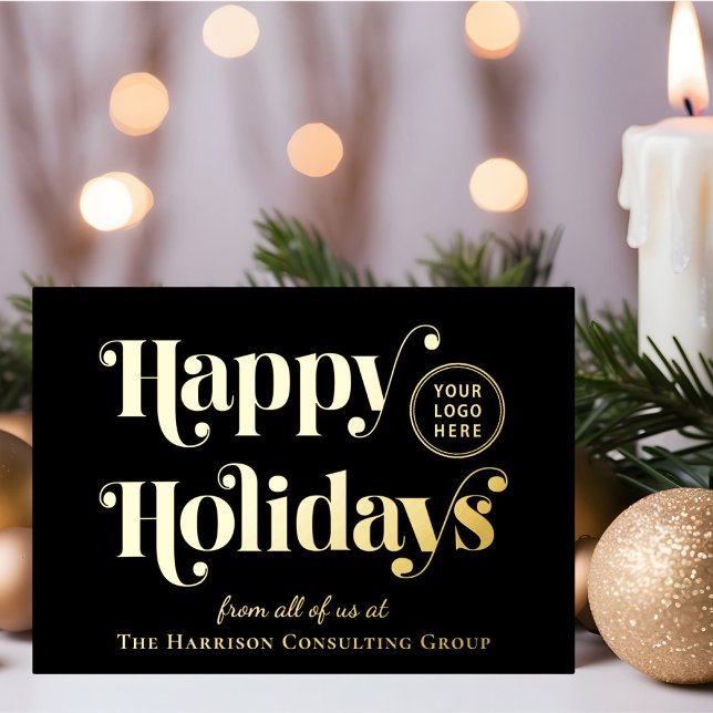 Carte De Vœux En Aluminium Happy Holidays Business Logo Black Christmas Gold (Créateur téléchargé)