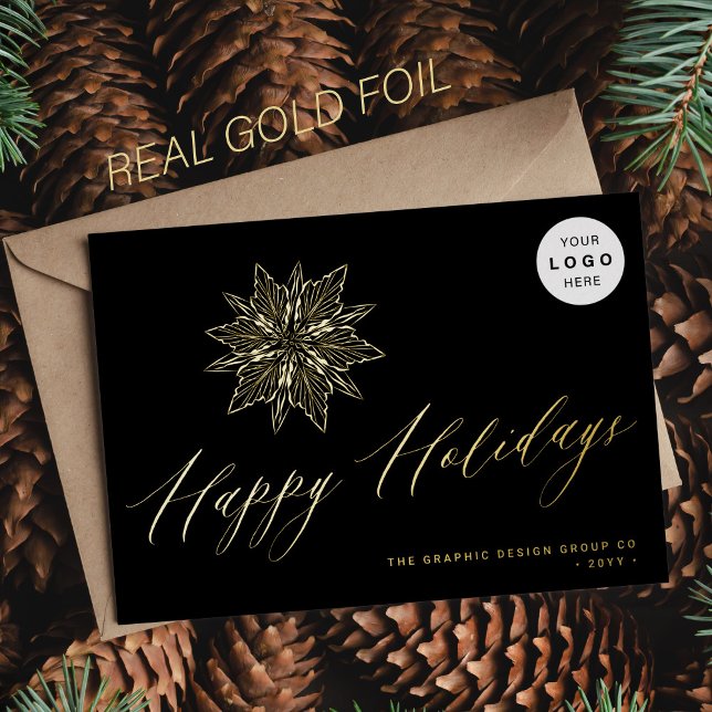 Carte De Vœux En Aluminium Happy Holidays élégant script entreprise LOGO noir (You can choose the color of the FOIL: GOLD, ROSE GOLD, or SILVER.)