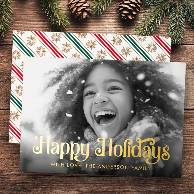 Carte De Vœux En Aluminium Happy Holidays flocons de neige rouge vert rayures (Happy Holidays snowflakes red green stripes photo Foil Holiday Card)