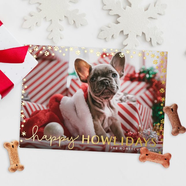 Carte De Vœux En Aluminium Happy Howlidays Pet Lover Gold (real foil paw prints snowflakes frame cute pet photo happy holidays Christmas cards)