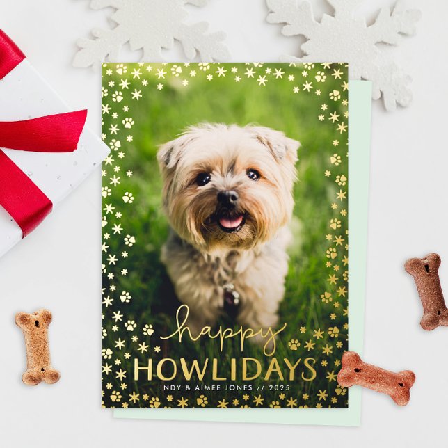 Carte De Vœux En Aluminium Happy Howlidays Pet Lover Gold (funny humor happy howlidays Christmas holiday photo cards for dog people with real foil paw prints)