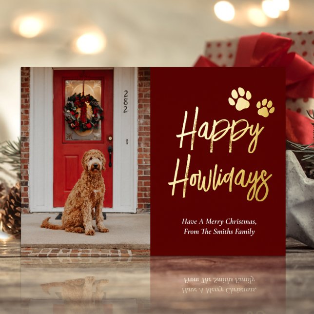 Carte De Vœux En Aluminium Happy Howlidays Red Gold Calligraphy Pet Photo (Créateur téléchargé)