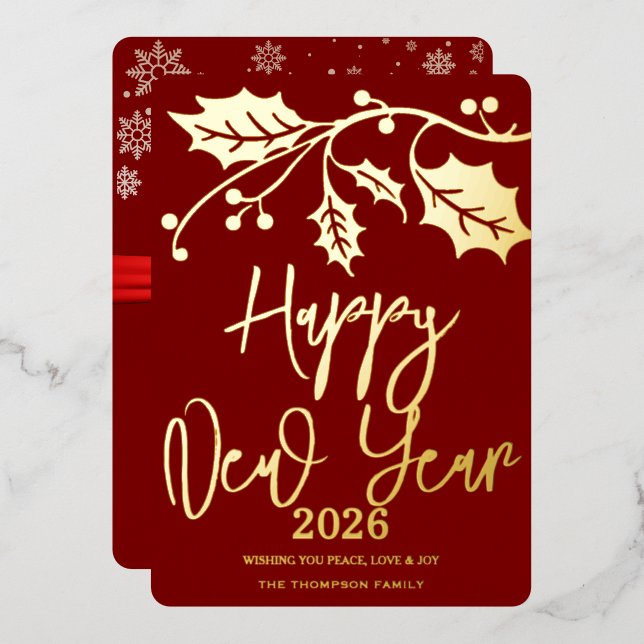 Carte De Vœux En Aluminium Happy New Year 2026, red ribbon (Recto/Verso)
