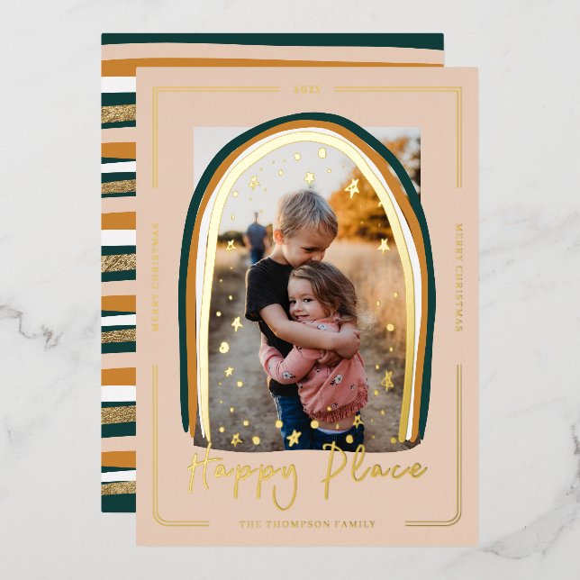 Carte De Vœux En Aluminium Happy Place Modern Snow Globe Photo de Noël (Recto/Verso)