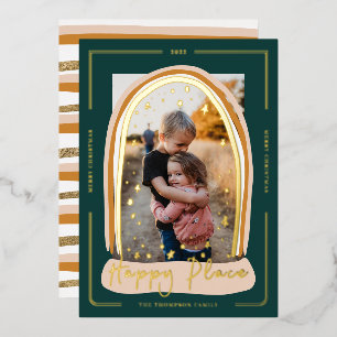 Carte De Vœux En Aluminium Happy Place Modern Snow Globe Photo de Noël