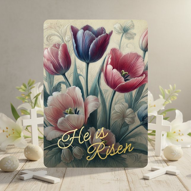 Carte De Vœux En Aluminium He Is Risen Tulip Floral Gold Foil Card (Créateur téléchargé)