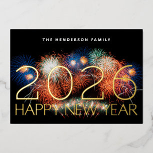 CARTE DE VŒUX EN ALUMINIUM HEUREUSE NOUVELLE ANNÉE 2026 FIREWORKS D'OR PHOTO