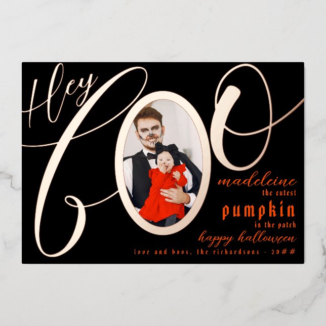Carte De Vœux En Aluminium Hey Boo Black Halloween Gold Lettering Baby Photo (Recto)