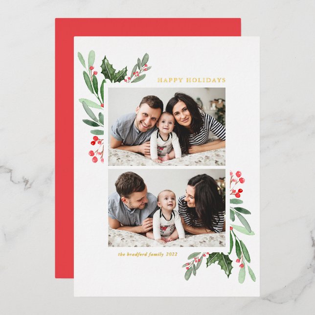Carte De Vœux En Aluminium Hollies et verdure Deux photos Joyeuses fêtes (Recto/Verso)