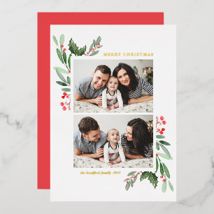 Carte De Vœux En Aluminium Hollies et verdure Deux photos Joyeux Noël