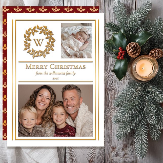 Carte De Vœux En Aluminium Holly and Berries Monogram Photo Christmas Holiday (Holly and Berries Monogram Photo Christmas Holiday Gold Foil Card with Faux Gold | Dark Red Back)