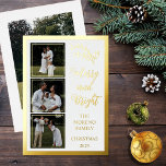 Carte De Vœux En Aluminium Holly | Berries Noël 4 Photo Joyeux et lumineux<br><div class="desc">Ce design à quatre photos est entièrement conçu en feuille d'or (ou choisir l'or argenté ou rose) texte et accents avec feuille d'or sainte et baies pour s'associer avec le salut modifiable "Joyeux et brillant". Comprend trois petites photos carrés sur le devant gauche en bas avec une photo plus grande...</div>