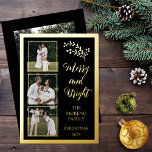 Carte De Vœux En Aluminium Holly | Berries Noël 4 Photo Joyeux et lumineux<br><div class="desc">Ce design à quatre photos est entièrement conçu en feuille d'or (ou choisir l'or argenté ou rose) texte et accents avec feuille d'or sainte et baies pour s'associer avec le salut modifiable "Joyeux et brillant". Comprend trois petites photos carrés sur le devant gauche en bas avec une photo plus grande...</div>