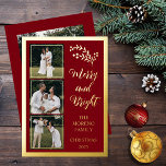 Carte De Vœux En Aluminium Holly | Berries Noël 4 Photo Joyeux et lumineux<br><div class="desc">Ce design à quatre photos est entièrement conçu en feuille d'or (ou choisir l'or argenté ou rose) texte et accents avec feuille d'or sainte et baies pour s'associer avec le salut modifiable "Joyeux et brillant". Comprend trois petites photos carrés sur le devant gauche en bas avec une photo plus grande...</div>