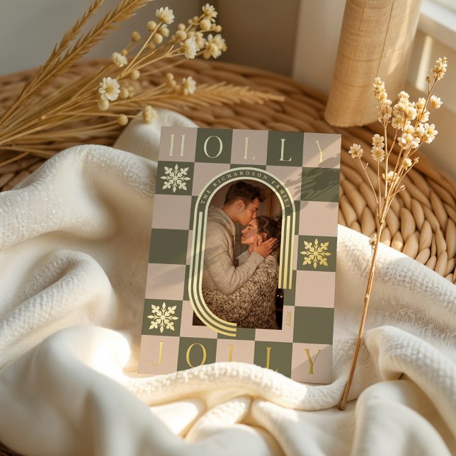 Carte De Vœux En Aluminium Holly Jolly Retro À damiers Arche de Noël Photo (Holly Jolly Retro Checkered Christmas Arch Photo Foil Holiday Card)