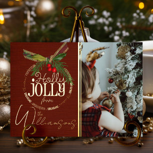 Carte De Vœux En Aluminium Holly Jolly Rouge Noël Avec Holly Berry Gold