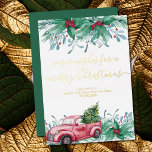 Carte De Vœux En Aluminium Holly Mistletoe et Christmas Red Truck Gold<br><div class="desc">Elégante et traditionnelle carte de vacances avec feuille d'or de luxe, typographie manuscrite et aquarelle design. Le design est composé de plantes saints, de mistletoe, de branches de pin et d'un camion rouge vintage avec arbre de Noël décoré de lampes à cordes. Le modèle est configuré pour que vous puissiez...</div>