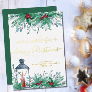 Carte De Vœux En Aluminium Holly Mistletoe et Lantern Joyeux or de Noël
