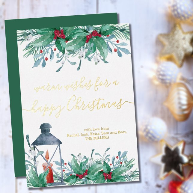Carte De Vœux En Aluminium Holly Mistletoe et Lantern Joyeux or de Noël (Créateur téléchargé)