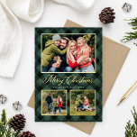 Carte De Vœux En Aluminium Hunter Green Buffalo Plaid Christmas Photo Collage<br><div class="desc">La carte de vacances photo plaid moderne et festive comprend un collage de 3 photos encadrées par une bordure et des accents de feuille d'or réel et peint à la main chasseur d'aquarelle vert et noir buffle chèque en plaid arrière - plan à motifs. Personnalisez le texte personnalisé "Joyeux Noël"...</div>