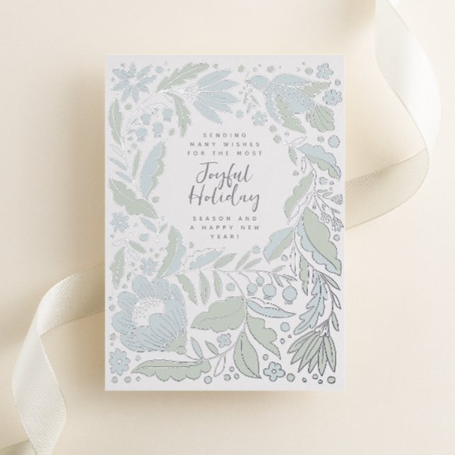 Carte De Vœux En Aluminium Icy Blue Joyful Holiday Folk Illustration (Folk art style flowers, vines and a peace dove shine on this white festive non-photo Christmas card)