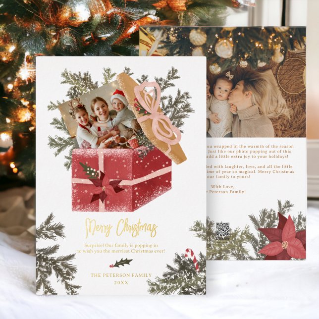 Carte De Vœux En Aluminium Illustration de Noël moderne joyeux 2 photos (Modern merry Christmas illustration fun 2 photos Foil Holiday Card)